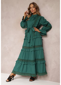 Zielona Rozkloszowana Sukienka Koszulowa z Falbanka i Koronką Huzu ze sklepu Renee odzież w kategorii Sukienki - zdjęcie 157103534