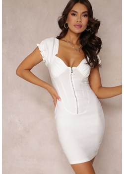 Biała Dopasowana Sukienka Bufiastymi Rękawami i Suwakiem Tamzan ze sklepu Renee odzież w kategorii Sukienki - zdjęcie 157103574