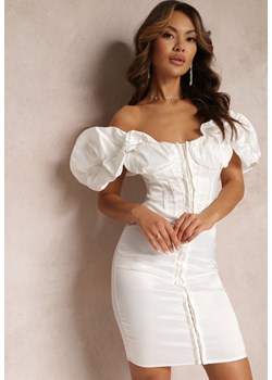 Biała Dopasowana Sukienka Satynowa z Bufiastym Rękawem Clarimond ze sklepu Renee odzież w kategorii Sukienki - zdjęcie 157103632