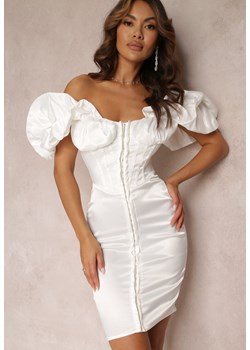 Biała Dopasowana Sukienka Satynowa z Bufiastym Rękawem Clarimond ze sklepu Renee odzież w kategorii Sukienki - zdjęcie 157103634