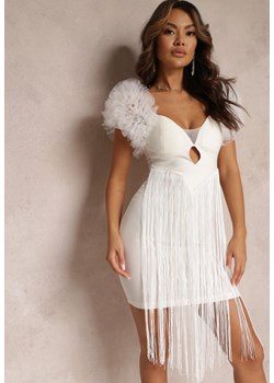 Biała Koktajlowa Sukienka z Ozdobnymi Rękawami i Długimi Frędzelkami Genoveva ze sklepu Renee odzież w kategorii Sukienki - zdjęcie 157103644