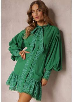 Zielona Rozkloszowana Sukienka Mini z Szerokimi Rękawami i Wiązaniem przy Dekolcie Pesy ze sklepu Renee odzież w kategorii Sukienki - zdjęcie 157103764