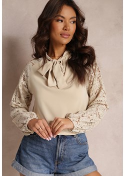 Beżowa Bluzka z Ozdobnym Dekoltem z Kokardą i Koronkowymi Rękawami Allinis ze sklepu Renee odzież w kategorii Bluzki damskie - zdjęcie 157103784