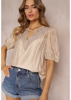 Beżowa Bluzka z Haftowanym Dekoltem Trac ze sklepu Renee odzież w kategorii Bluzki damskie - zdjęcie 157104144