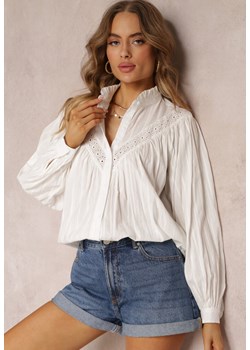 Biała Koszula z Bawełny ze Stójką i Ażurowymi Wstawkami Kamirna ze sklepu Renee odzież w kategorii Koszule damskie - zdjęcie 157104184