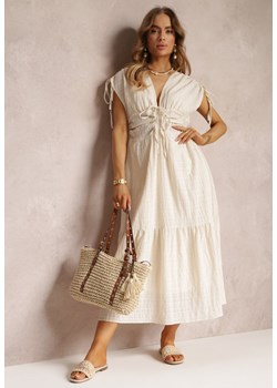 Beżowa Sukienka Rozkloszowana z Trójkątnym Dekoltem Thamefa ze sklepu Renee odzież w kategorii Sukienki - zdjęcie 157104204