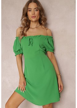 Zielona Rozkloszowana Sukienka Mini z Hiszpańskim Dekoltem i Krótkim Rękawem Misk ze sklepu Renee odzież w kategorii Sukienki - zdjęcie 157104224