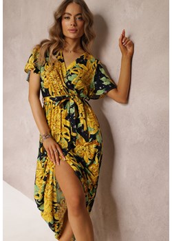 Żółto-Granatowa Wiskozowa Sukienka Maxi z Kopertowym Dekoltem z Gumką w Talii Lynette ze sklepu Renee odzież w kategorii Sukienki - zdjęcie 157104664