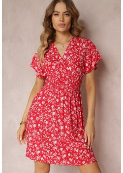 Czerwona Wiskozowa Sukienka Mini w Kwiaty z Gumką w Talii i Kopertową Górą Joslena ze sklepu Renee odzież w kategorii Sukienki - zdjęcie 157104844