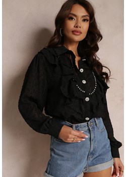 Czarna Koszula Plumeti z Falbanką i Metaliczną Nitką Eutria ze sklepu Renee odzież w kategorii Koszule damskie - zdjęcie 157104981