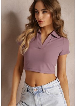 Fioletowa Prążkowana Koszulka Polo z Krótkim Rękawem Marybe ze sklepu Renee odzież w kategorii Bluzki damskie - zdjęcie 157105744