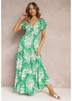 Zielona Kwiecista Sukienka Maxi z Gumką w Pasie i Krótkimi Rękawami Eudotria ze sklepu Renee odzież w kategorii Sukienki - zdjęcie 157105854