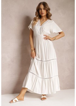 Biała Rozkloszowana Sukienka Maxi z Gumką w Talii i Koronkowym Dekoltem Cheteia ze sklepu Renee odzież w kategorii Sukienki - zdjęcie 157105884