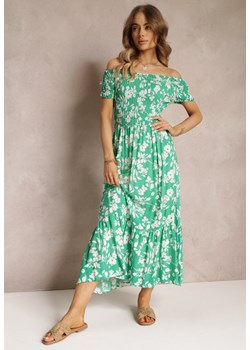 Zielona Rozkloszowana Sukienka Maxi z Hiszpańskim Dekoltem w Kwiaty Zevana ze sklepu Renee odzież w kategorii Sukienki - zdjęcie 157105904