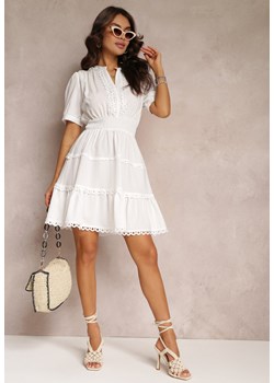 Biała Sukienka Mini z Gumkami w Talii z Krótkim Rękawem i Koronką Jelina ze sklepu Renee odzież w kategorii Sukienki - zdjęcie 157106161