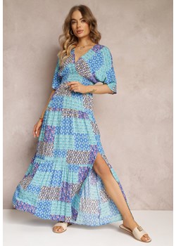 Niebieska Sukienka Maxi z Krótkim Rękawem i Gumkami w Talii z Wiskozy Aveda ze sklepu Renee odzież w kategorii Sukienki - zdjęcie 157106210