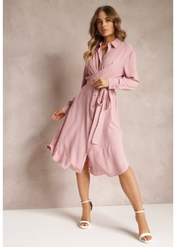 Różowa Sukienka Midi z Kołnierzykiem i Materiałowym Paskiem Rasik ze sklepu Renee odzież w kategorii Sukienki - zdjęcie 157106423