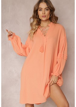 Pomarańczowa Sukienka Mini z Bawełny z Ozdobnymi Rękawami i Wiązaniem przy Dekolcie Shamika ze sklepu Renee odzież w kategorii Sukienki - zdjęcie 157106443