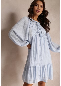 Niebieska Sukienka Mini z Falbanką i Koronkowymi Wstawkami Rikit ze sklepu Renee odzież w kategorii Sukienki - zdjęcie 157106503