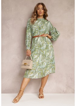 Zielona Plisowana Sukienka Midi z Długim Rękawem i Paskiem ze Sprzączką Lizeta ze sklepu Renee odzież w kategorii Sukienki - zdjęcie 157106593