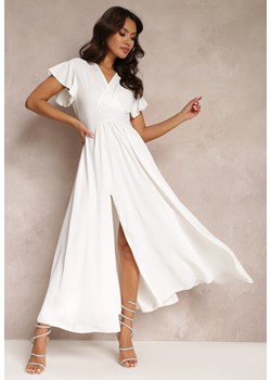 Biała Sukienka Rozkloszowana z Rozcięciem i Kopertowym Dekoltem Jozlyn ze sklepu Renee odzież w kategorii Sukienki - zdjęcie 157106643