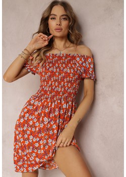 Pomarańczowa Taliowana Sukienka Mini z Kwiecistej Tkaniny z Gumkami w Pasie Kaence ze sklepu Renee odzież w kategorii Sukienki - zdjęcie 157106943