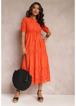 Pomarańczowa Haftowana Sukienka Bawełniana ze Ściągaczem w Talii Ineryna ze sklepu Renee odzież w kategorii Sukienki - zdjęcie 157107431