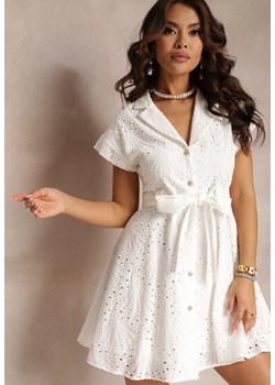Biała Haftowana Sukienka Koszulowa z Paskiem Phenanea ze sklepu Renee odzież w kategorii Sukienki - zdjęcie 157107441