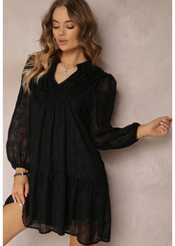 Czarna Sukienka Rozkloszowana z Falbanką i Haftem Erinala ze sklepu Renee odzież w kategorii Sukienki - zdjęcie 157107451