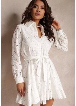 Biała Koszulowa Sukienka Ażurowa z Wiązanym Paskiem Faeyela ze sklepu Renee odzież w kategorii Sukienki - zdjęcie 157107471