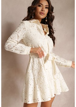 Beżowa Koszulowa Sukienka Ażurowa z Wiązanym Paskiem Faeyela ze sklepu Renee odzież w kategorii Sukienki - zdjęcie 157107481