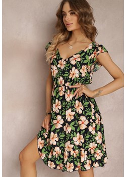 Granatowo-Zielona Rozkloszowana Sukienka Bawełniana w Kwiaty Maller ze sklepu Renee odzież w kategorii Sukienki - zdjęcie 157107561