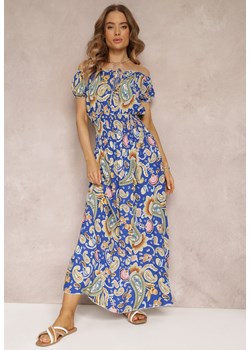 Niebieska  Bawełniana Sukienka Maxi z Hiszpańskim Dekoltem i Cienkimi Gumkami w Talii Alarina ze sklepu Renee odzież w kategorii Sukienki - zdjęcie 157107671