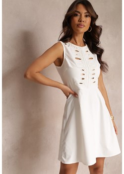Biała Sukienka Mini Bez Rękawów z Wycięciami i Haftem Lilka ze sklepu Renee odzież w kategorii Sukienki - zdjęcie 157107803
