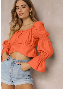 Pomarańczowa Krótka Bluzka z Marszczeniem i Kwadratowym Dekoltem Adylene ze sklepu Renee odzież w kategorii Bluzki damskie - zdjęcie 157107873