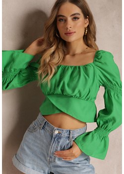 Zielona Krótka Bluzka z Marszczeniem i Kwadratowym Dekoltem Adylene ze sklepu Renee odzież w kategorii Bluzki damskie - zdjęcie 157107883