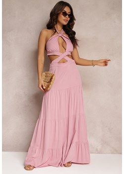 Różowa Rozkloszowana Sukienka z Wiskozy z Wiązaniem i Wycięciami Kailen ze sklepu Renee odzież w kategorii Sukienki - zdjęcie 157107923
