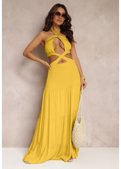 Żółta Rozkloszowana Sukienka z Wiskozy z Wiązaniem i Wycięciami Kailen ze sklepu Renee odzież w kategorii Sukienki - zdjęcie 157107933