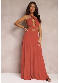 Jasnoczerwona Rozkloszowana Sukienka z Wiskozy z Wiązaniem i Wycięciami Kailen ze sklepu Renee odzież w kategorii Sukienki - zdjęcie 157107943