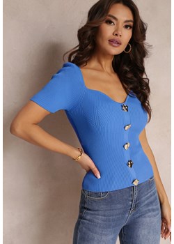 Niebieska Prążkowana Bluzka z Asymetrycznym Dekoltem i Ozdobnym i Guzikami Jaena ze sklepu Renee odzież w kategorii Bluzki damskie - zdjęcie 157107983