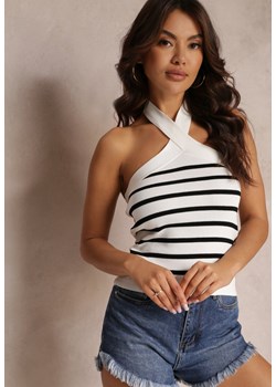 Biały Top Asymetryczny Zakładany Na Szyję w Paski Lehna ze sklepu Renee odzież w kategorii Bluzki damskie - zdjęcie 157108074