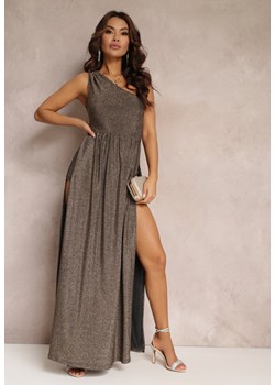 Złota Brokatowa Sukienka Maxi z Asymetryczną Górą i Rozkloszowanym Dołem Eulita ze sklepu Renee odzież w kategorii Sukienki - zdjęcie 157108202