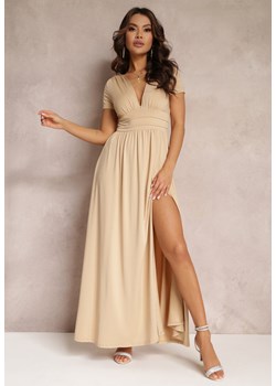 Beżowa Sukienka Maxi z Rozkloszowanym Dołem i Rozcięciem Zarya ze sklepu Renee odzież w kategorii Sukienki - zdjęcie 157108260