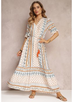 Jasnoróżowa Sukienka Maxi z Falbanką na Dole i Cienkim Paskiem w Talii z Wiskozy Tsuneja ze sklepu Renee odzież w kategorii Sukienki - zdjęcie 157108452
