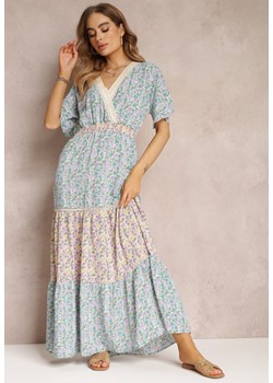 Niebiesko-Miętowa Kopertowa Sukienka Maxi z Marszczoną Gumką w Pasie i Koronkową Taśmą Marea ze sklepu Renee odzież w kategorii Sukienki - zdjęcie 157108462