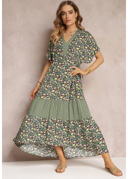 Zielono-Czarna Wiskozowa Sukienka Maxi z Głębokim Dekoltem i Falbanką na Dole Muhachi ze sklepu Renee odzież w kategorii Sukienki - zdjęcie 157108472
