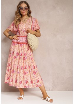 Różowa Kwiecista Sukienka Midi z Gumką w Pasie i Falbanką przy Rękawach Hachitane ze sklepu Renee odzież w kategorii Sukienki - zdjęcie 157108512