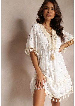 Biała Haftowana Sukienka Mini z Gumką w Pasie i Frędzelkami Maryread ze sklepu Renee odzież w kategorii Sukienki - zdjęcie 157108612