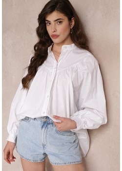 Biała Bawełniana Koszula Trapezowa z Ozdobnym Marszczeniem Analize ze sklepu Renee odzież w kategorii Koszule damskie - zdjęcie 157108762