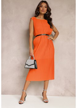 Pomarańczowa Pudełkowa Sukienka Midi z Plisowanej Tkaniny z Paskiem z Klamerką Lanaia ze sklepu Renee odzież w kategorii Sukienki - zdjęcie 157108972
